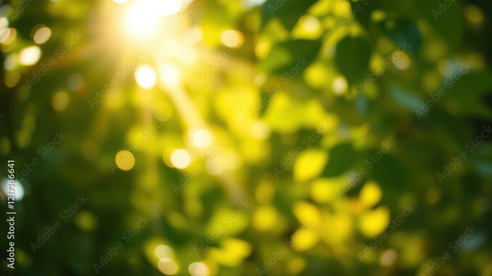 Obraz premium Golden Sunlight Filtering Through Lush Green Foliage, Creating a Dreamy, Abstract Background