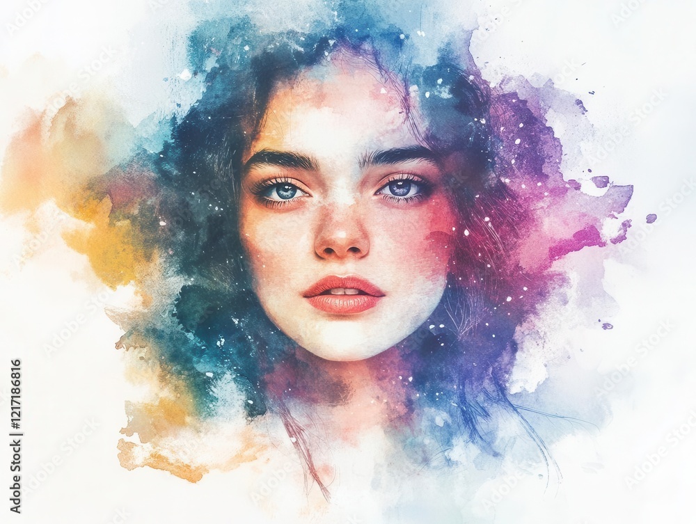 Fototapeta premium abstract portrait of woman's face dissolving into vibrant watercolor splashes, representing inner peace and emotional wellness, ethereal light effects