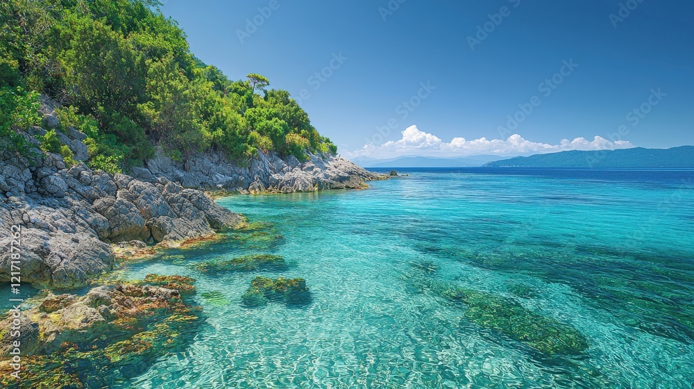 Fototapeta premium A stunning coastal view featuring clear turquoise waters, rocky shores, and lush greenery under a bright blue sky.