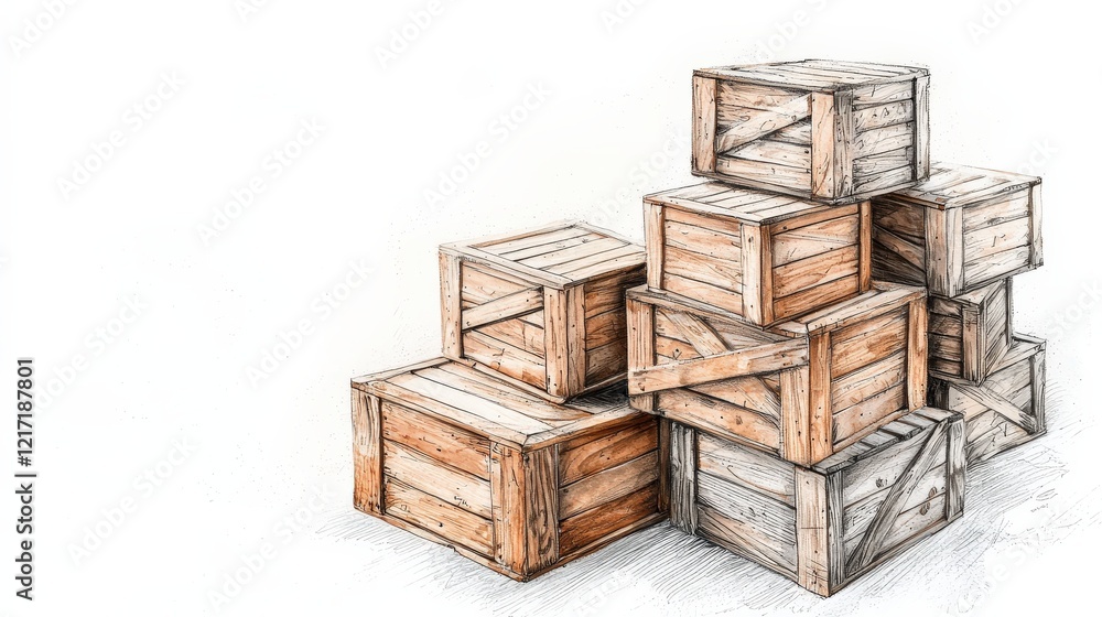 A stack of wooden crates in a sketch style, showcasing their rustic texture and varying sizes, set against a plain background. A stack of wooden crates in a sketch style, showcasing their rustic texture and varying sizes, set against a plain background.