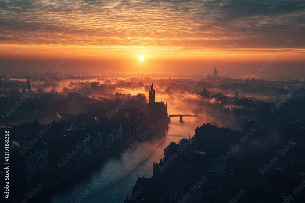 Fototapeta premium City sunset with river