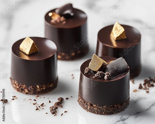 Elegant chocolate desserts displayed on a marble surface, showcasing intricate designs with golden accents, surrounded by scattered chocolate crumbs, perfect for gourmet food photography