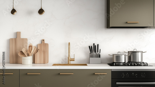 Modern Kitchen with Olive-Green Cabinets, Gold Handles, Sleek White Countertop, Light Gray Backsplash, Gold Faucet, and Stainless Steel Pan on Gas Stove, Minimalist and Elegant Design