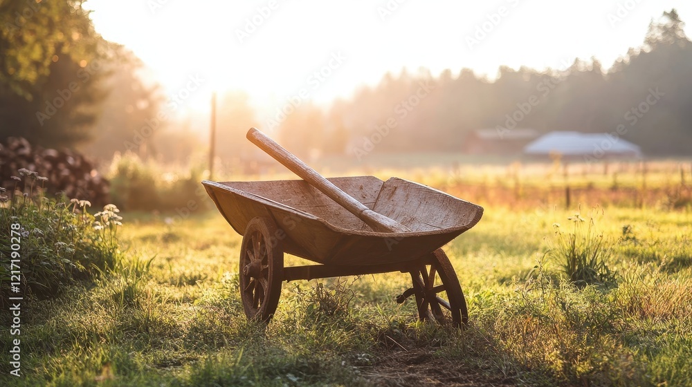 Sunrise over Rustic Wheelbarrow in Tranquil Landscape Sunrise over Rustic Wheelbarrow in Tranquil Landscape