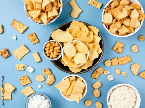 an image of a bowl of chips and other snacks on a blue surface. photo