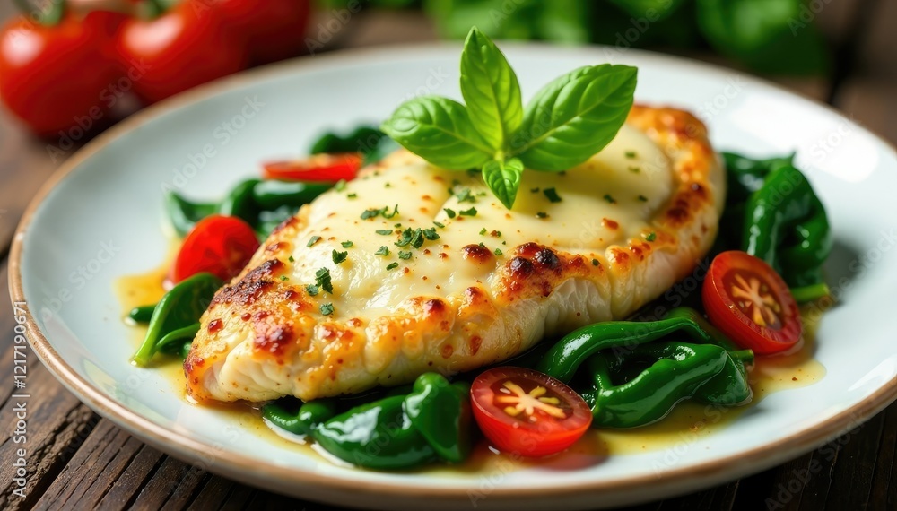 Baked chicken breast with saut?ed spinach, cherry tomatoes, and mozzarella cheese, balanced, cheese Baked chicken breast with saut?ed spinach, cherry tomatoes, and mozzarella cheese, balanced, cheese
