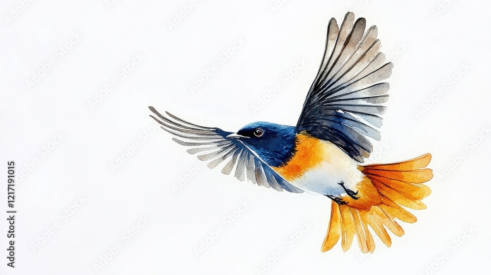 Obraz premium A vibrant watercolor painting of a bird in full flight, showcasing its detailed plumage and graceful wings against a white background.