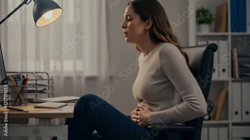 Woman experiencing stomach pain while working at her office desk in the evening