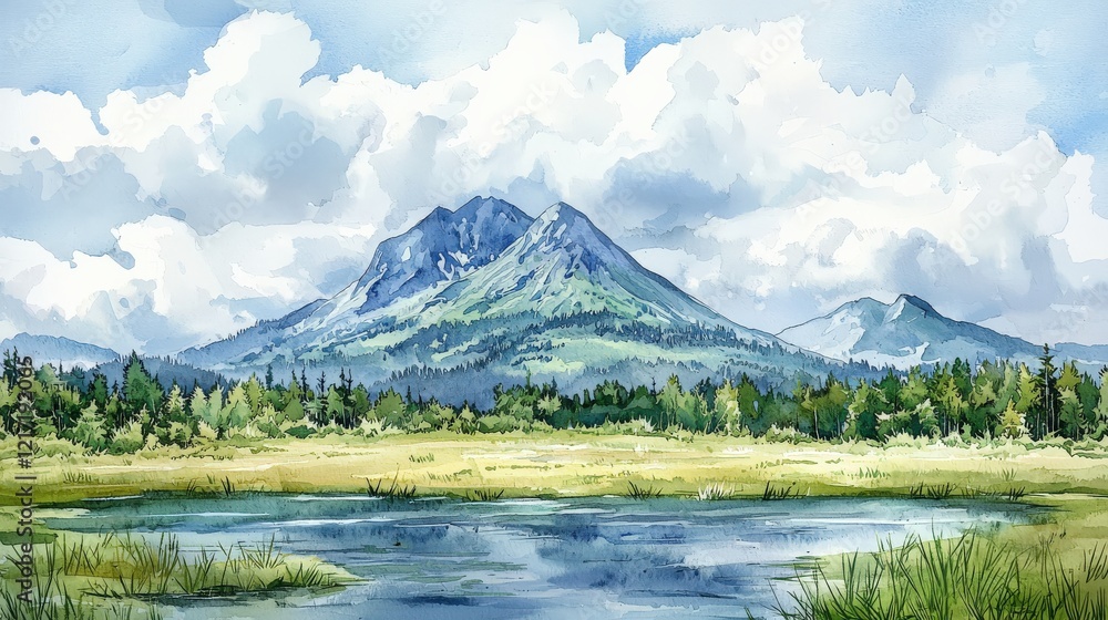 A serene landscape featuring a majestic mountain, lush greenery, and a reflective body of water under a cloudy sky. A serene landscape featuring a majestic mountain, lush greenery, and a reflective body of water under a cloudy sky.