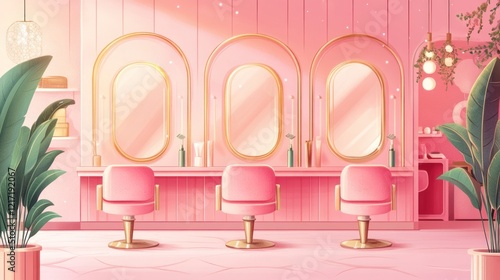 Pink salon interior with three stations, mirrors, and chairs.