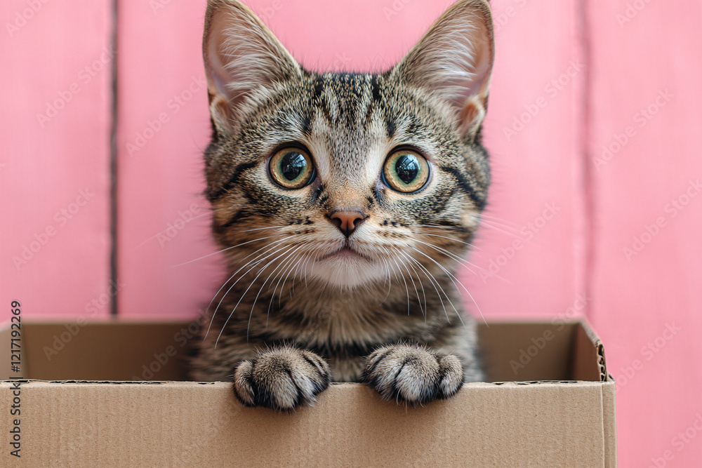 A playful tabby cat sitting in a cardboard box with a bright pink background, showing curious green eyes. A playful tabby cat sitting in a cardboard box with a bright pink background, showing curious green eyes.
