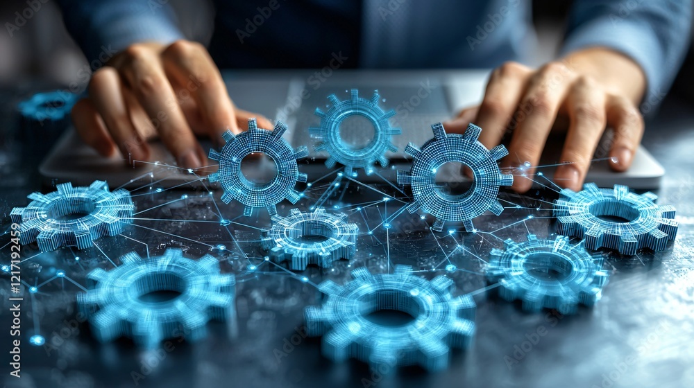 Person working on laptop, gears connecting, network, office background, business concept Person working on laptop, gears connecting, network, office background, business concept