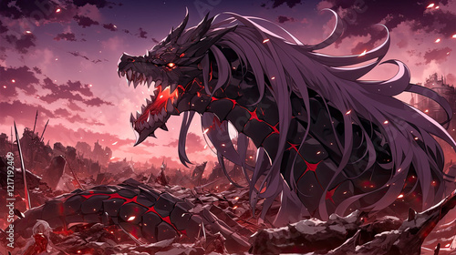 Demonic figure with long hair and red eyes stands before a pile of rubble alongside a terrifying undead dragon with glowing crimson features photo