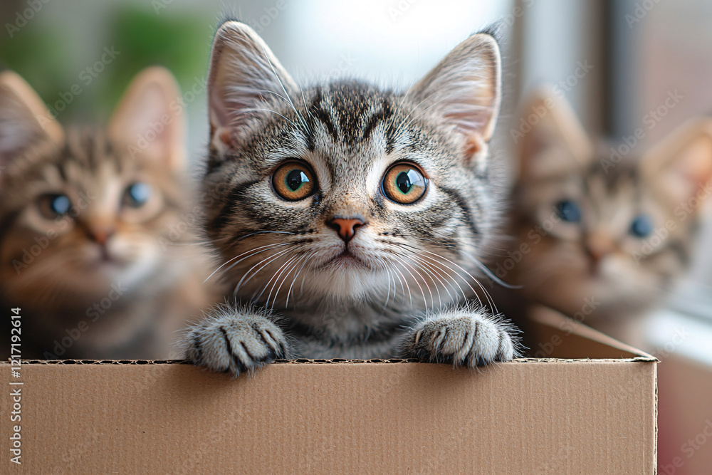 A charming gray kitten with round orange eyes sitting in a cardboard box, with a bright pink backdrop. A charming gray kitten with round orange eyes sitting in a cardboard box, with a bright pink backdrop.