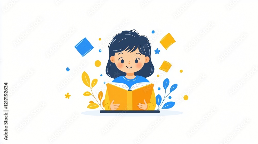 Girl happily reading book, surrounded by leaves and shapes; education concept Girl happily reading book, surrounded by leaves and shapes; education concept
