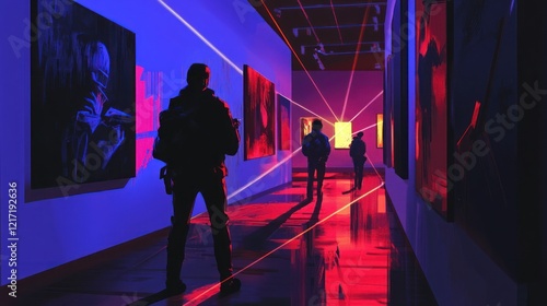 Neon-lit gallery showcasing modern art with visitors.