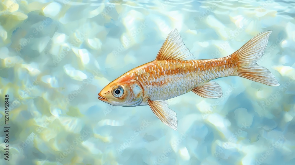 A vibrant goldfish swims gracefully in shimmering water, showcasing its distinctive orange hue and delicate fins in a serene aquatic environment. A vibrant goldfish swims gracefully in shimmering water, showcasing its distinctive orange hue and delicate fins in a serene aquatic environment.