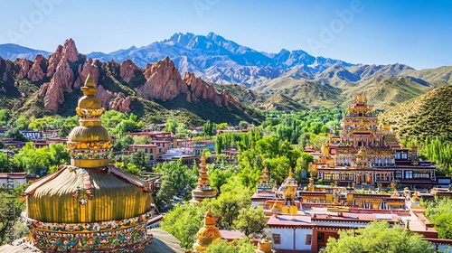 Tibetan stupas with richly decorated surfaces against a mountainous backdrop Tibetan architecture 