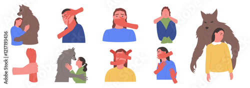 Abuse of women. Pretend relationship. Toxic love. Man aggressive like wolf. Family conflict. Bullying victim. Violent deception. Psychological problem couple. Rapist hands. Vector garish concepts set