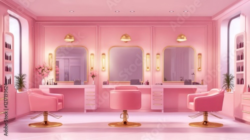 Pink beauty salon interior with stylish furniture.