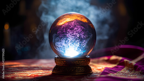 Fortune Teller Crystal Ball in a dark blue and purple smoky background. Guessing for the future. Magic sphere predictions. Mind power, halloween concept, wallpaper or web banner with copy space