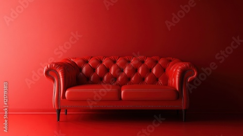 Red leather Chesterfield sofa against a red wall. photo