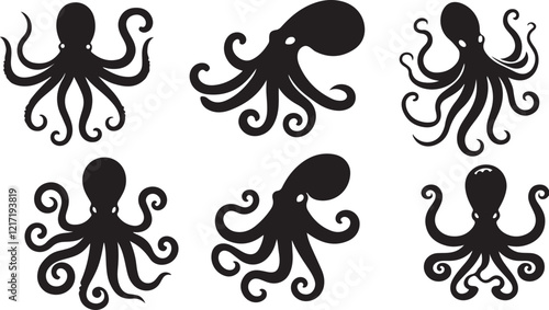 Silhouette vector illustration of a flat octopus art.  octopus set in black color with a white background
