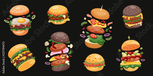 Sandwich burger. Fast food BBQ. Stuffed hamburger with chicken, bread and cheese, meat, salad and tomato. Barbecue delicious menu illustrations for design. Vector tidy cartoon flat style isolated set