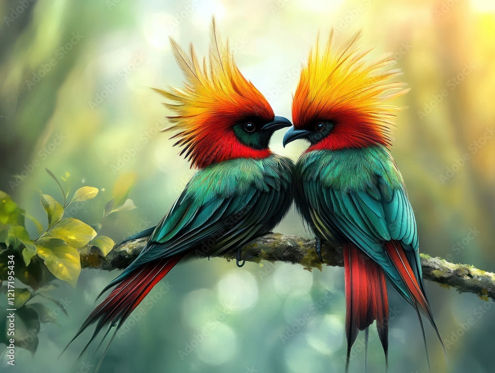 Obraz premium Tropical birds courtship, vibrant plumage, forest background, nature love