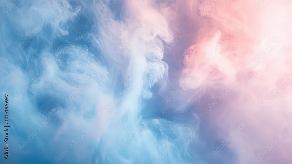 Naklejka premium ethereal pastel nebula swirling with soft blue and pink hues, creating a dreamy cosmic gradient with delicate light rays piercing through translucent clouds