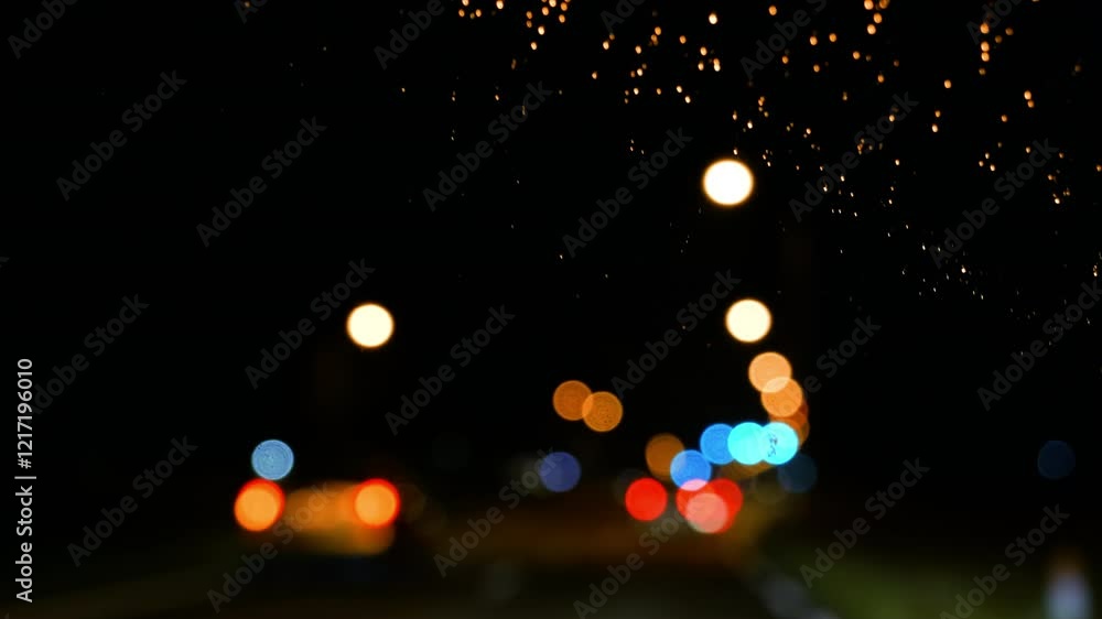Blurred cinematic view of driving at night, featuring colorful bokeh lights on a dark road, creating an ideal aesthetic for a series intro in 4K UHD.