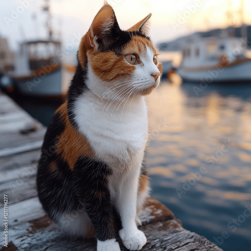 Calico Cat Sitting on Wooden Pier Overlooking Tranquil Seaside Harbor at Sunset with Boats in Background - Serene Coastal Scene for Pet Lovers and Maritime Enthusiasts photo