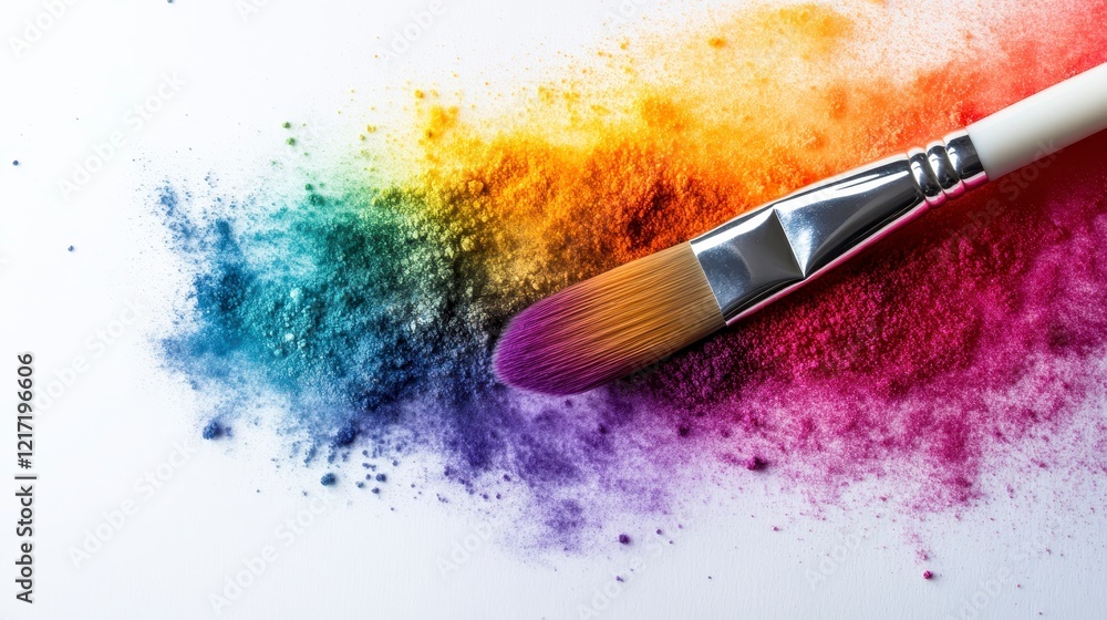 Fototapeta premium Vibrant Rainbow Powder and Paintbrush A Colorful Artistic Texture
