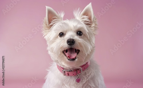 Perro blanco feliz. aislado sobre fondo liso