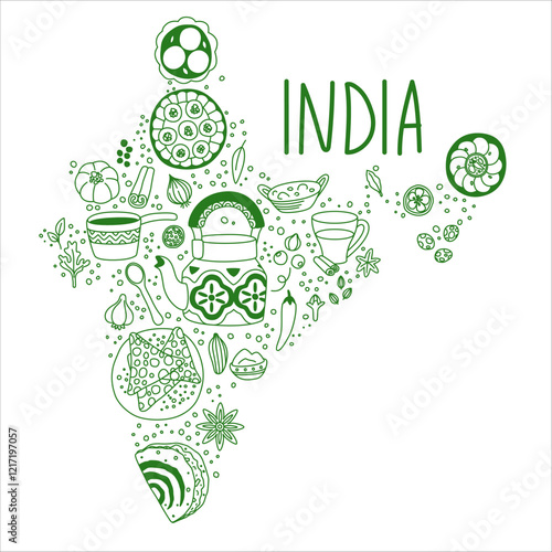 Indian spice food. India map of dishes. Cuisine from vegetable. Masala tea. Tandoori and naan. Curry cooking. Spicy rice plates. Mustard and turmeric. Vector national restaurant menu graphic banner