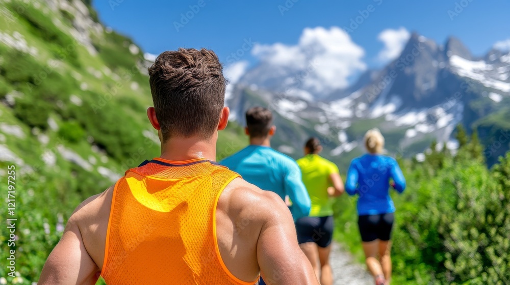 Obraz premium Group of Runners in Mountain Scenery Under Bright Blue Sky
