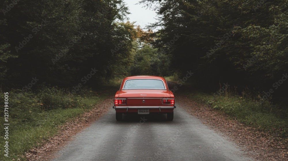 Fototapeta premium A classic red car driving down a serene forest road surrounded by lush greenery