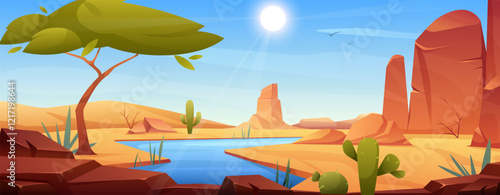 Wild nature of Arizona. Vector savannah African landscape with river, rock, mountains, cactuses, western gorge, trees, stones. Safari trip. Panoramic background. Mexico hot sand desert. Grand canyon