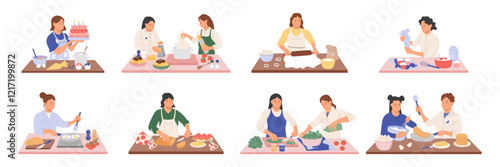 Cook in kitchen. People make food. Woman cooking pancakes on pan for breakfast. Couple preparing pasta for dinner. Homemade meal at lunch table. Chef baking cake. Vector happy garish characters set