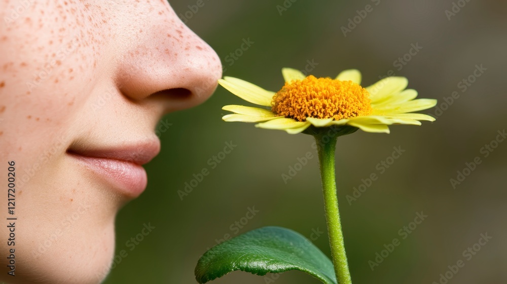 Woman with Freckles Gently Smelling a Yellow Flower Woman with Freckles Gently Smelling a Yellow Flower