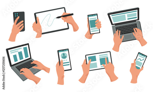 Phone in hand. Man holding digital tablet. Laptop keyboard. Mockup of smartphone. Computer screen. Smart mobile technology. Electronic cellphone. Gadget in arm palm. Vector tidy cartoon devices set
