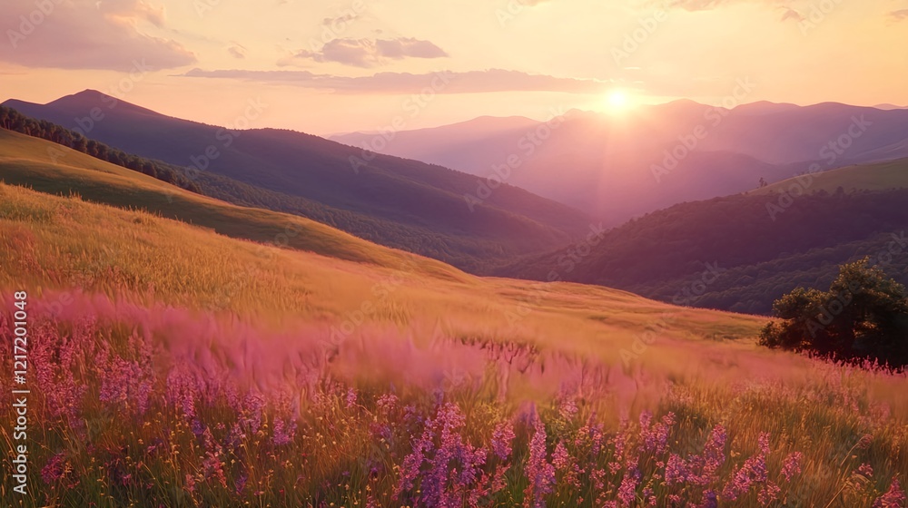 Fototapeta premium Stunning Sunset with Soft Pink and Purple Tones Over Rolling Hills