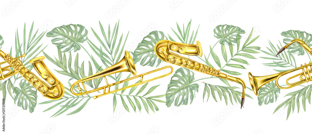 Obraz premium Watercolor shiny musical wind instruments with tropical green leaves seamless banner. Hand painted saxophone, trombone, trumpet, palm and monstera foliage pattern illustration for design shops, print