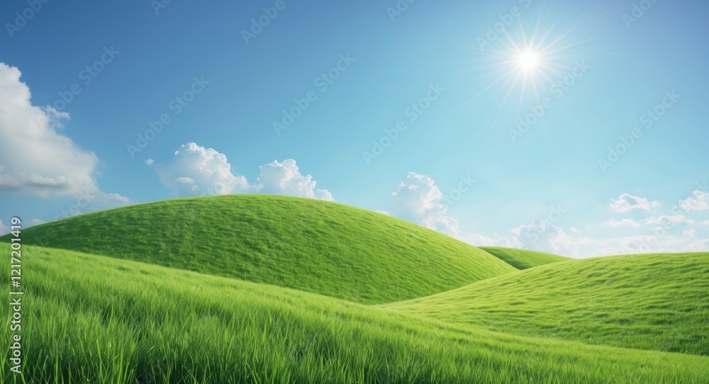 Obraz premium Lush Green Grassy Hill Under Clear Blue Sky with Puffy White Clouds.