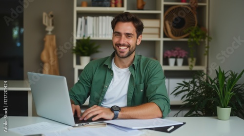 Smiling Young Man Working on Laptop in a Modern Home Office

Remote Work Success – Happy Freelancer Using a Laptop

Productivity and Digital Business – Confident Man at Work