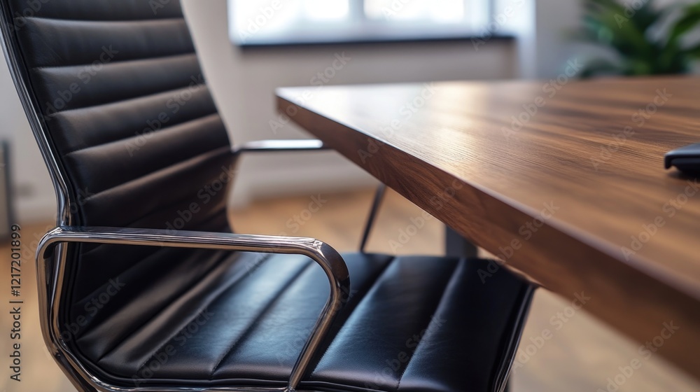 Fototapeta premium Wooden Desk with Black Leather Chair