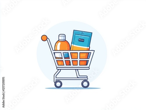 A vibrant shopping cart filled with a beverage bottle and a snack package, ideal for illustrating consumerism, shopping experiences, and modern food choices in a minimalistic style photo