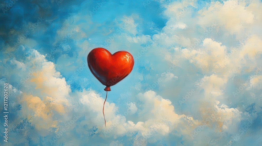 whimsical red heart balloon floating against cloudy blue sky, creating romantic and dreamy atmosphere whimsical red heart balloon floating against cloudy blue sky, creating romantic and dreamy atmosphere