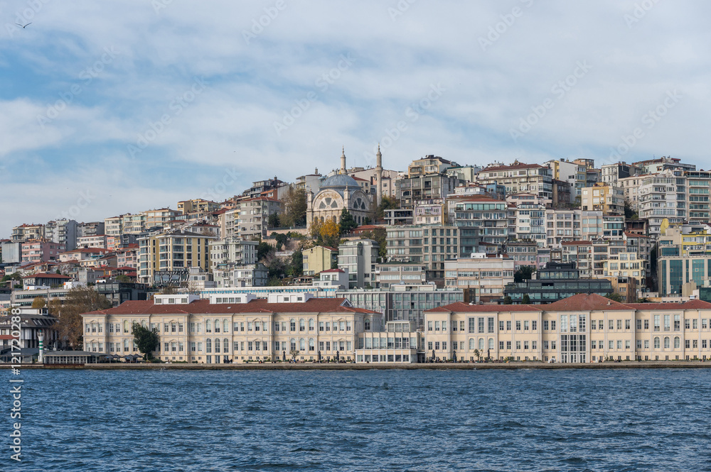 Panorama on the shore of the Bosphorus near Kabatash pier on a sunny day Panorama on the shore of the Bosphorus near Kabatash pier on a sunny day