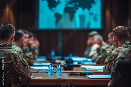 A gathering of military personnel in a conference room. Engage in strategic discussions. Analyze global situations together. Generative AI